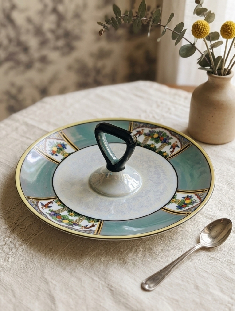 Noritake 8" Art Deco Teal Luster Handled Serving Plate Bird Floral Tidbit Tray